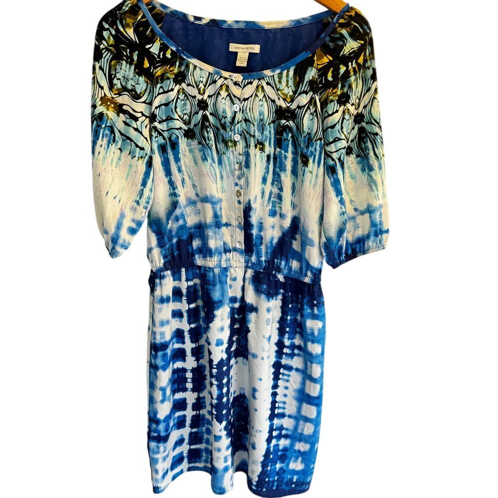 Boston Proper Size 6 Blue White Tie Dye Boho Dress Cinched Waist Tropical Resort - Picture 2 of 9